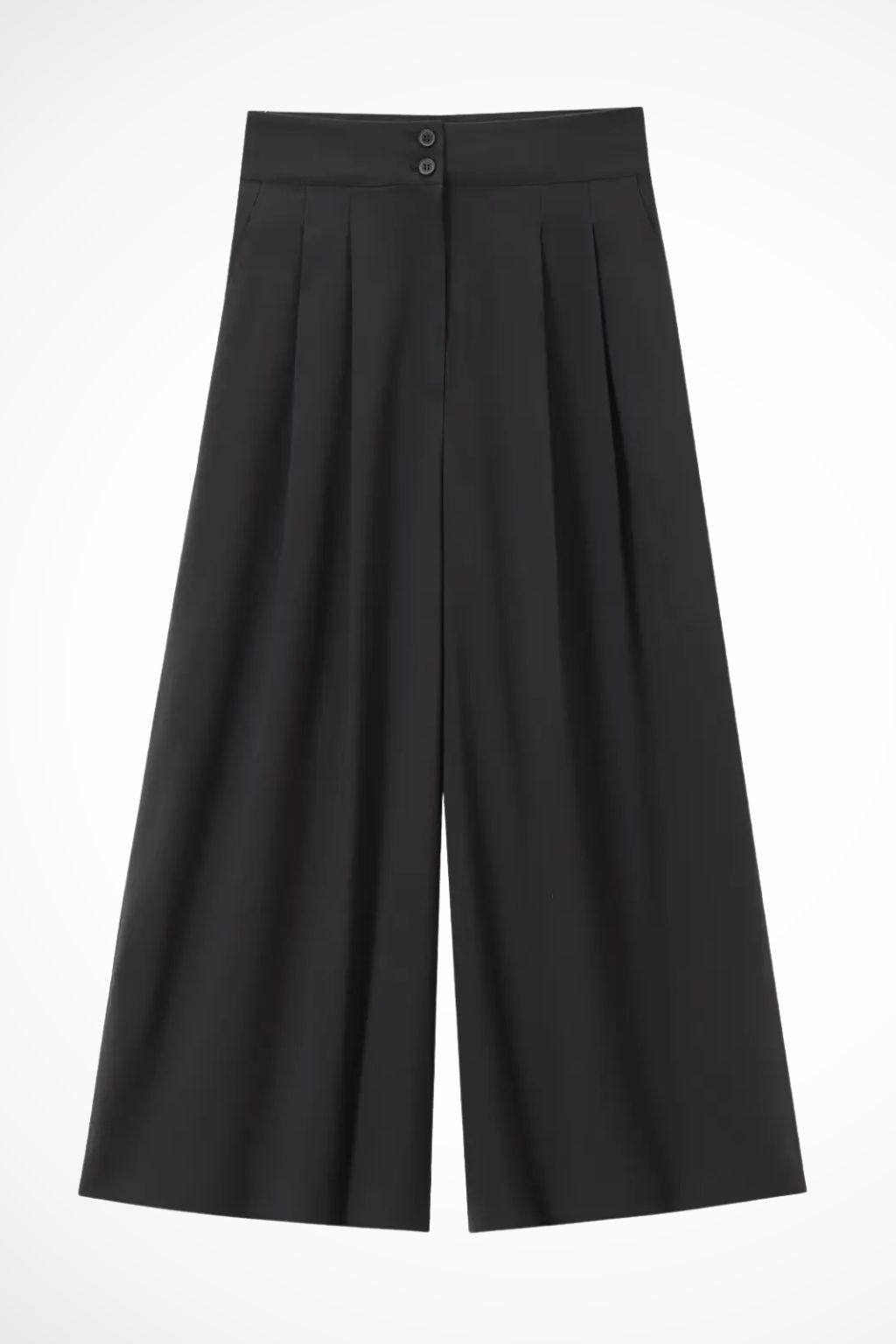 Casual chic women's outfit: a sleeveless wrap top and high-waist wide leg trousers coordinated set.