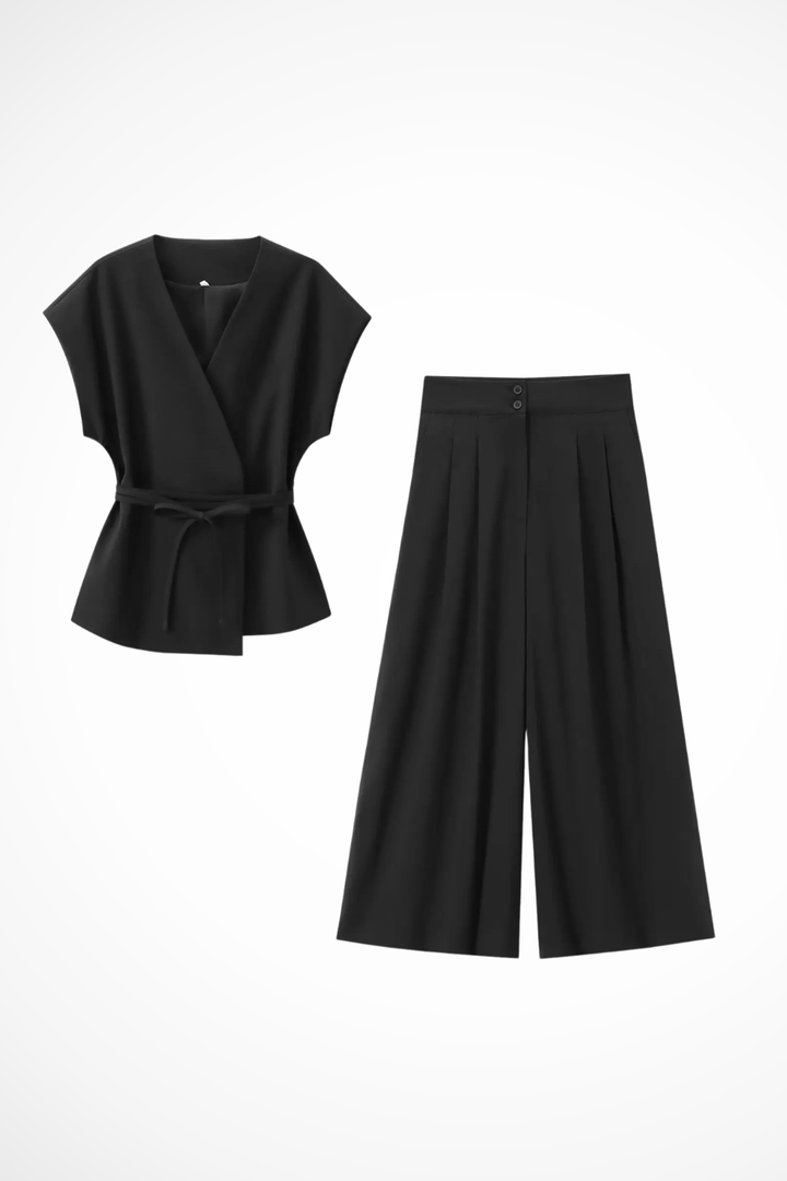 Elegant women's suit set, including a sleeveless wrap top & flowy wide leg trousers for a refined look.
