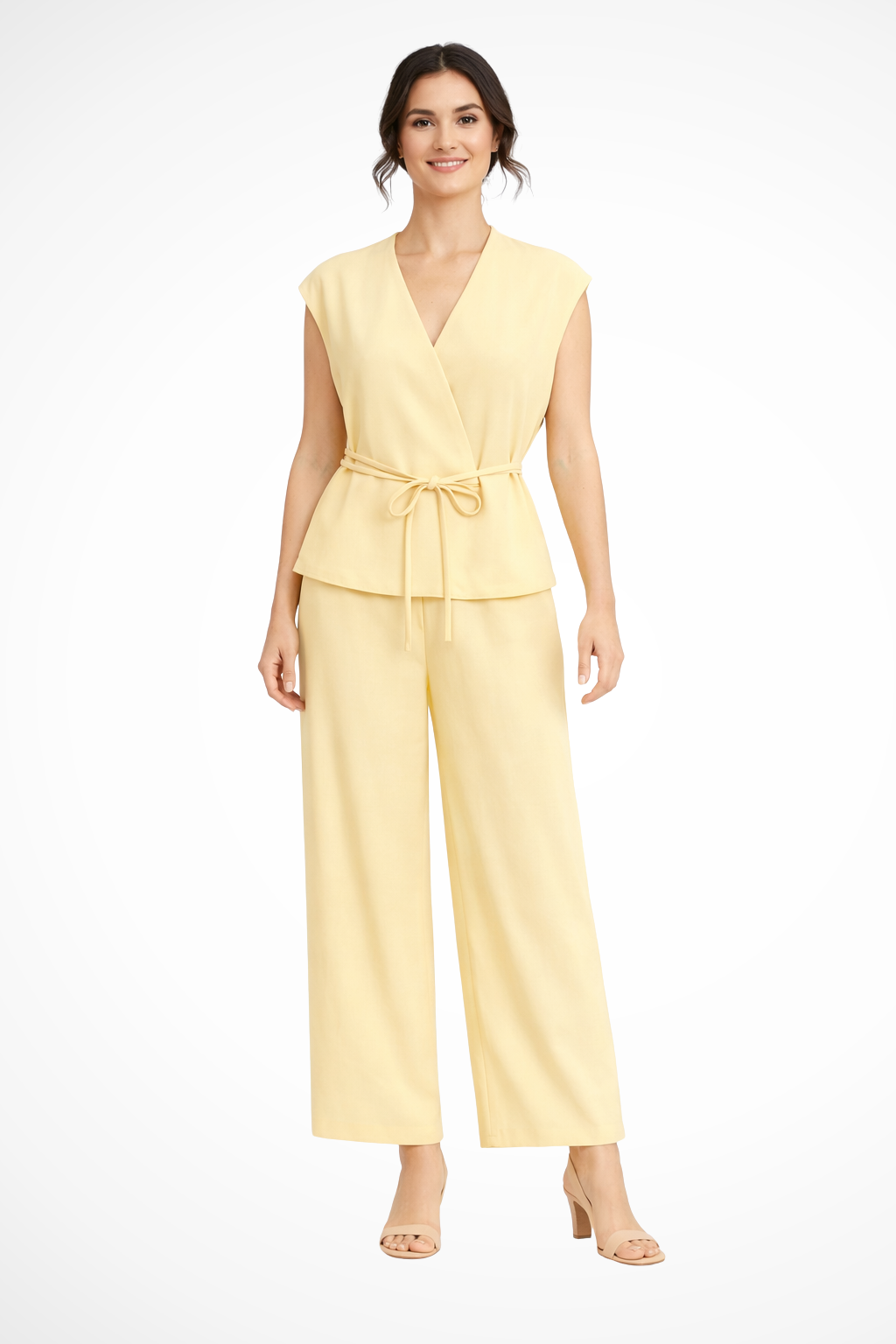 Women's fashion: a sleeveless wrap top and wide leg trousers two-piece set, ideal for any occasion.