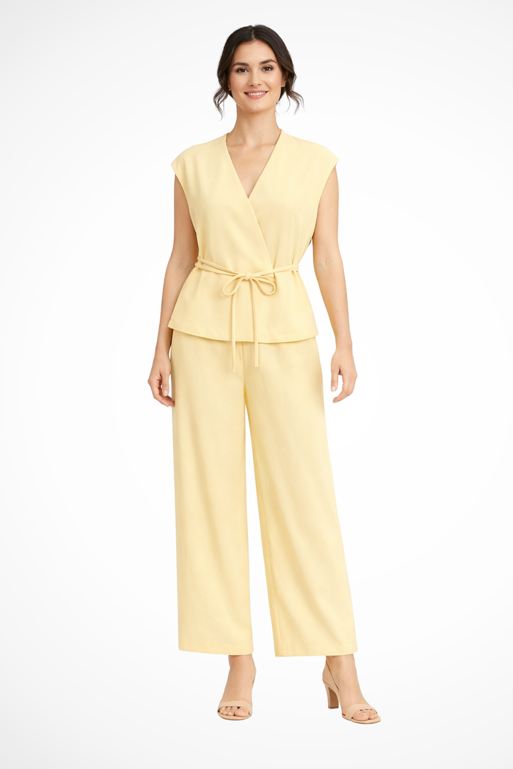 Women's fashion: a sleeveless wrap top and wide leg trousers two-piece set, ideal for any occasion.