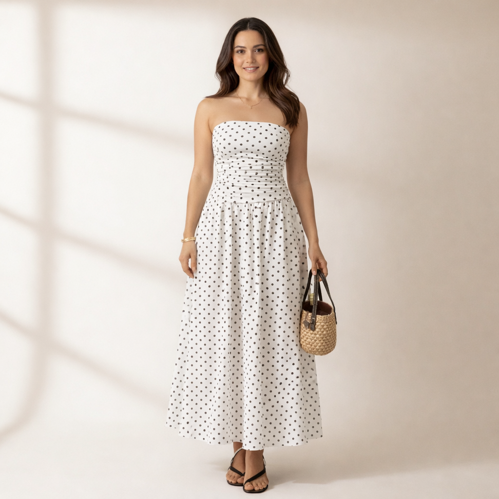 Chic women's strapless polka dot maxi dress, perfect for elegant summer parties or casual wear.