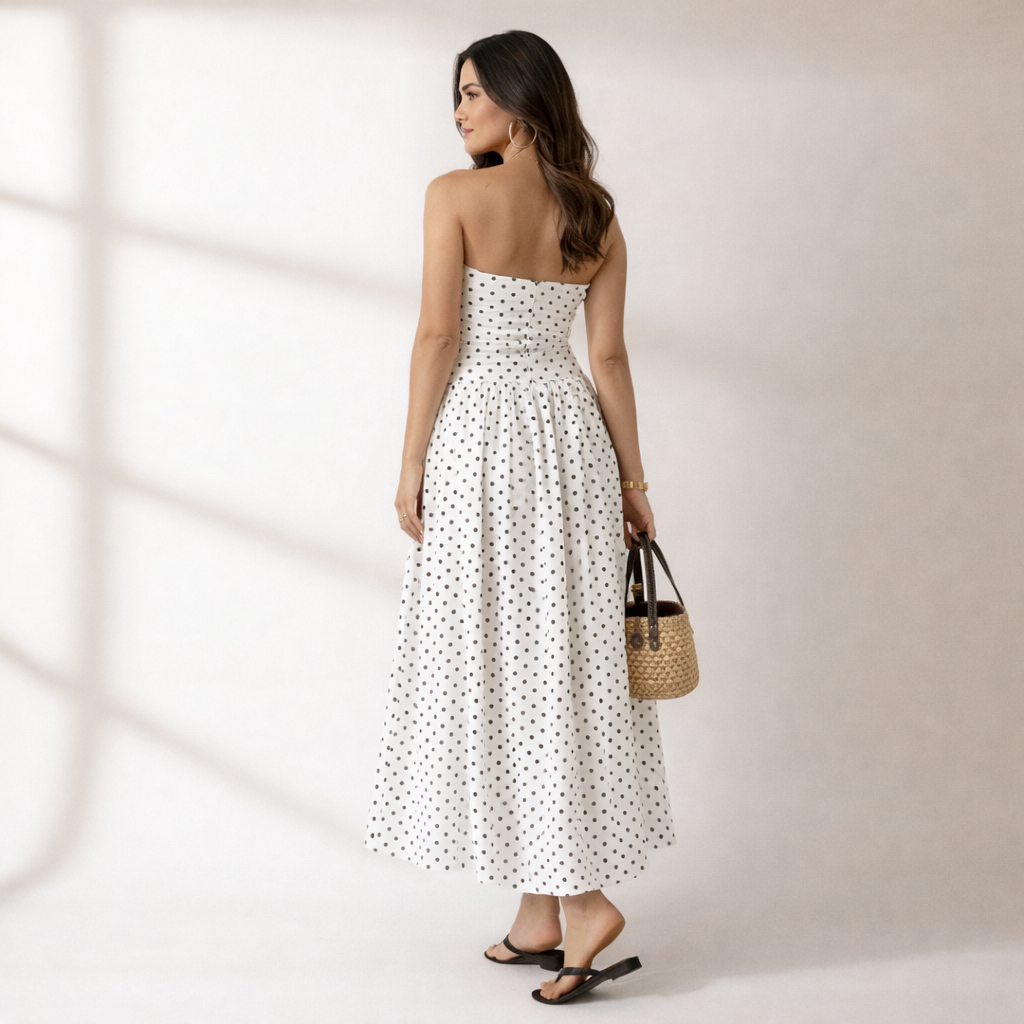 Elegant women's polka dot strapless maxi dress, ideal for summer fashion, parties, or stylish casual outfits.