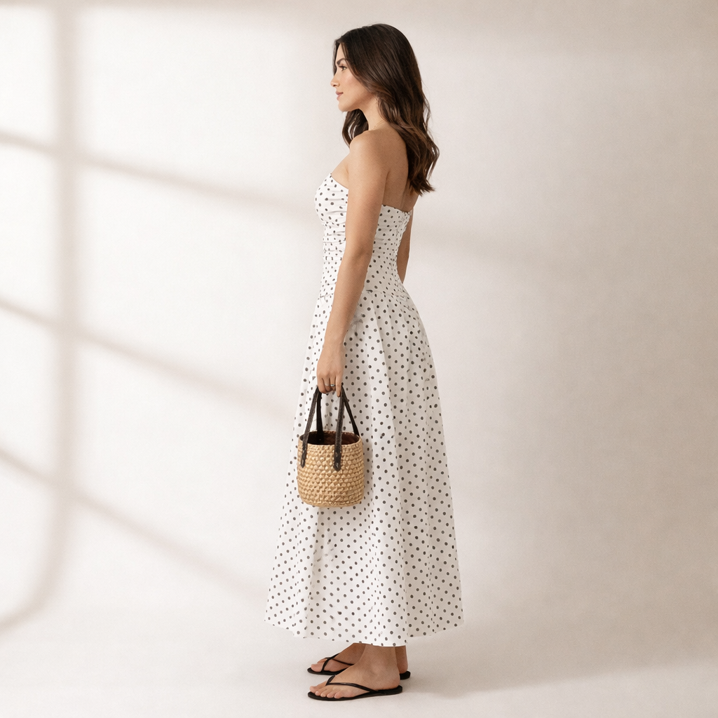 Beautiful women's strapless maxi dress in a classic polka dot print, a versatile and chic summer party dress.