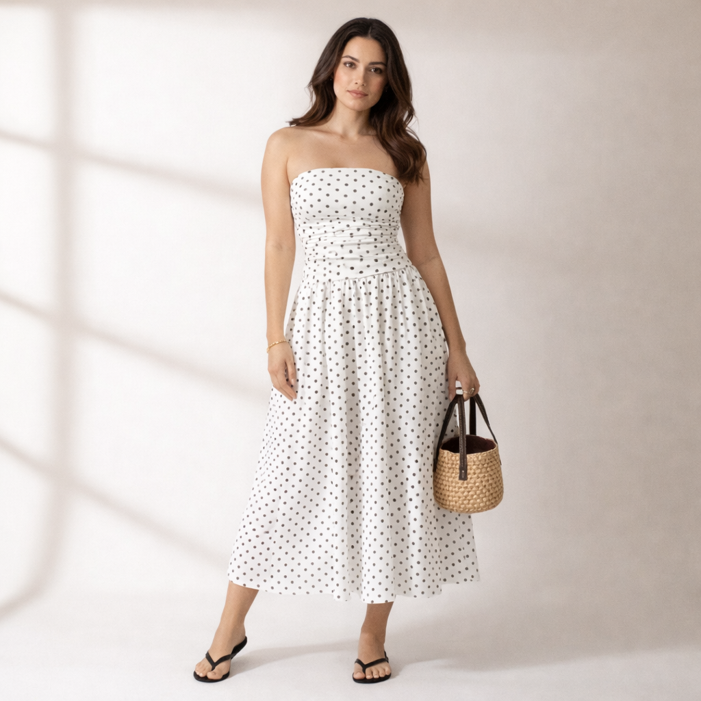 Stylish women's strapless polka dot maxi dress for various occasions: elegant, casual, or a trendy summer party outfit.
