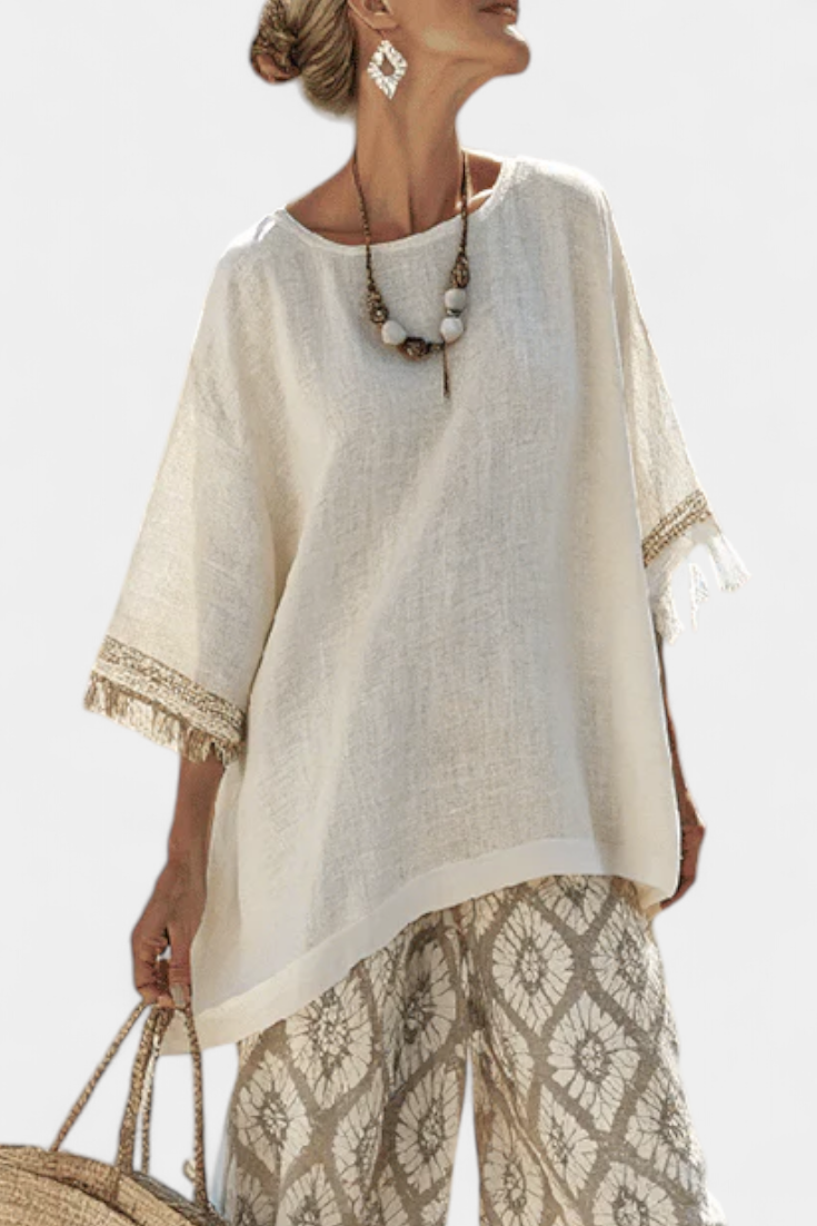 Boho-style women's loose-fit striped two-piece set with comfortable wide-leg pants & blouse for everyday.