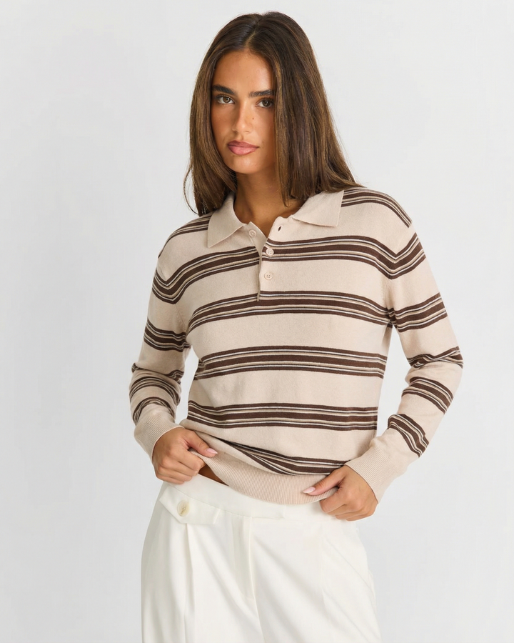 Chic women's striped polo knit sweater. Relaxed fit pullover, perfect for casual or everyday autumn fashion.