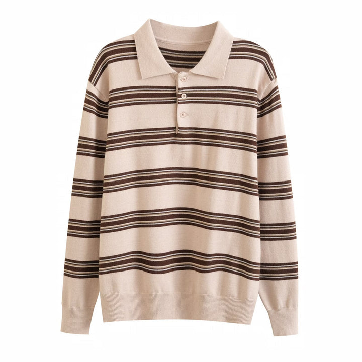 Relaxed fit women's pullover: stylish striped knit polo sweater. A comfortable, versatile top for casual fashion.