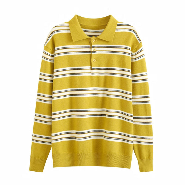 Women's striped knit polo sweater, a chic relaxed fit pullover. Comfortable fashion knitwear for versatile autumn style.
