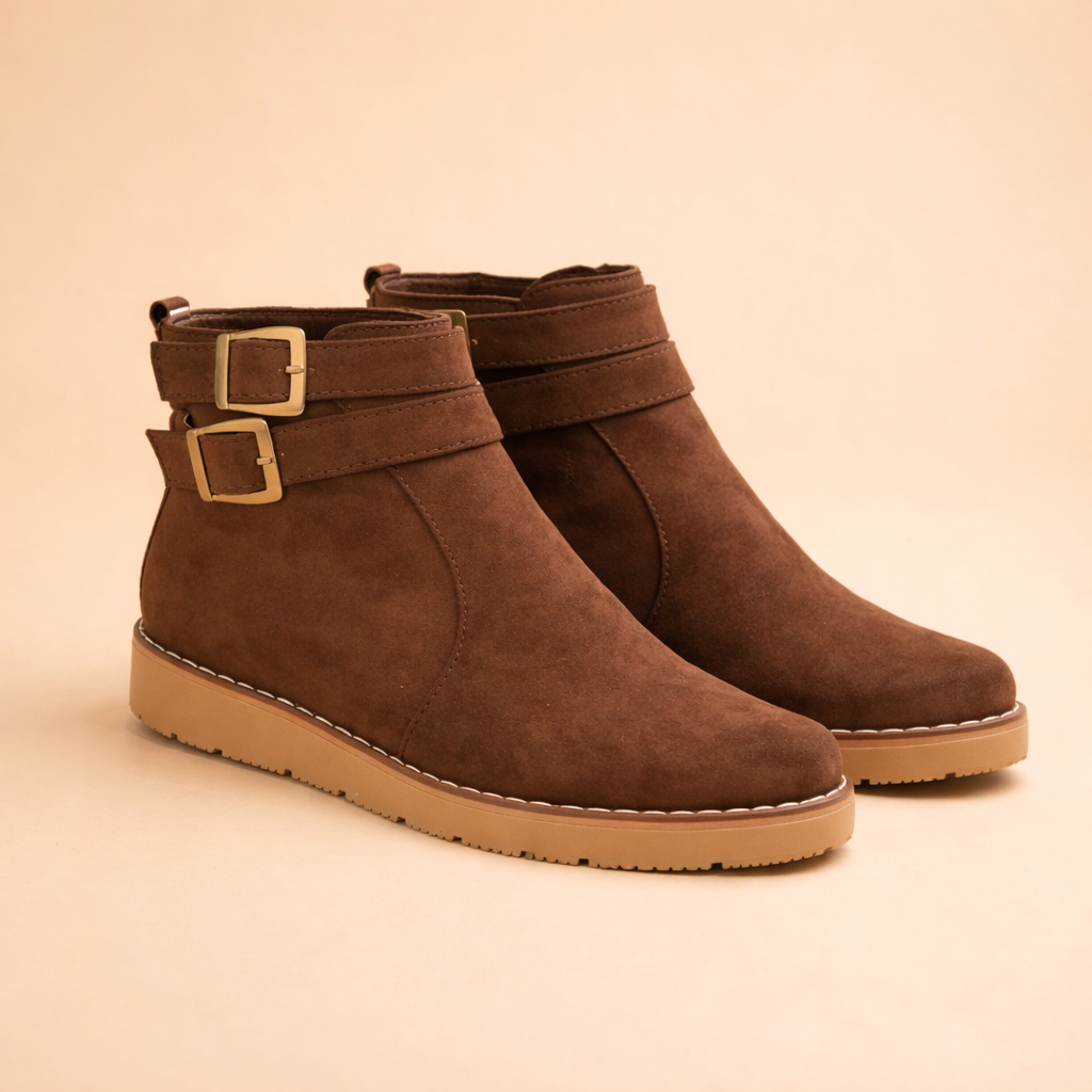 Elegant women's winter ankle boots with a structured design and fashionable double buckle detail for chic style.
