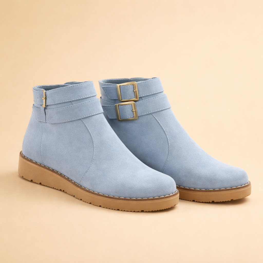 Black women's structured ankle boots with chic double buckles, ideal for everyday casual and winter fashion.