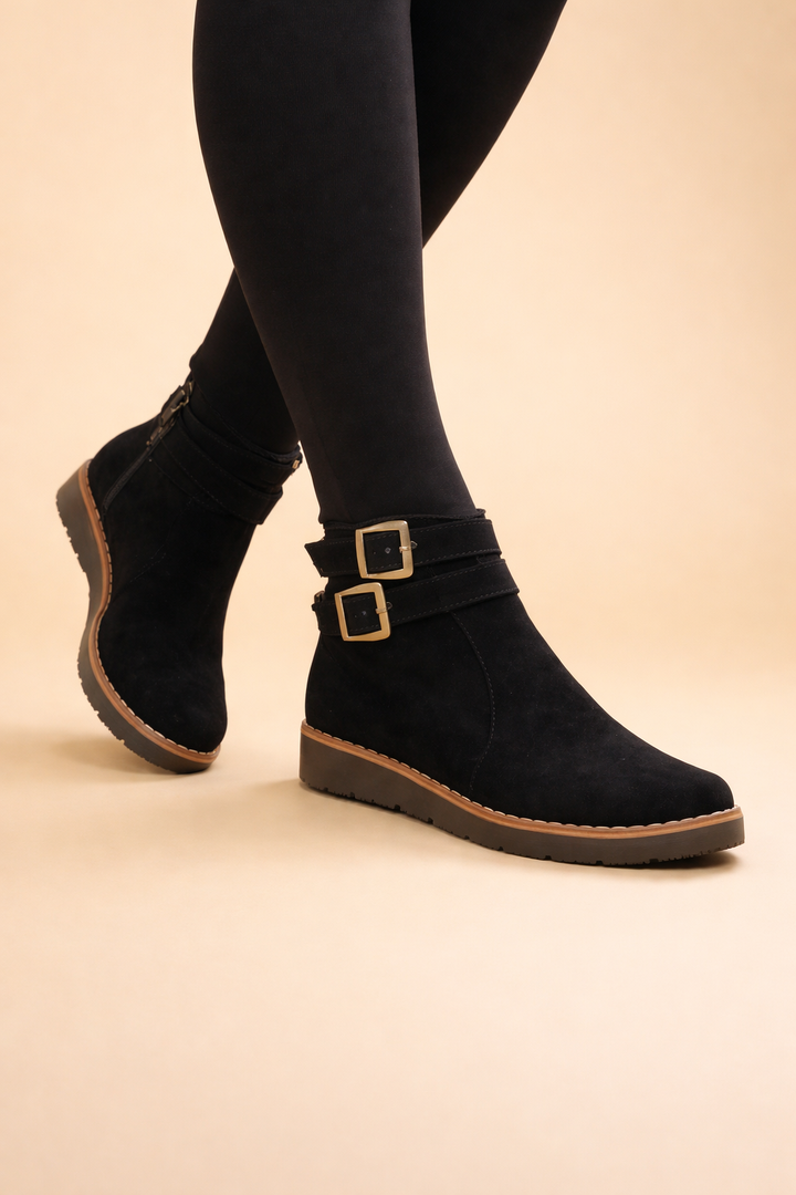 Stylish women's ankle boots: structured silhouette, double buckle accent. Perfect versatile footwear for women.