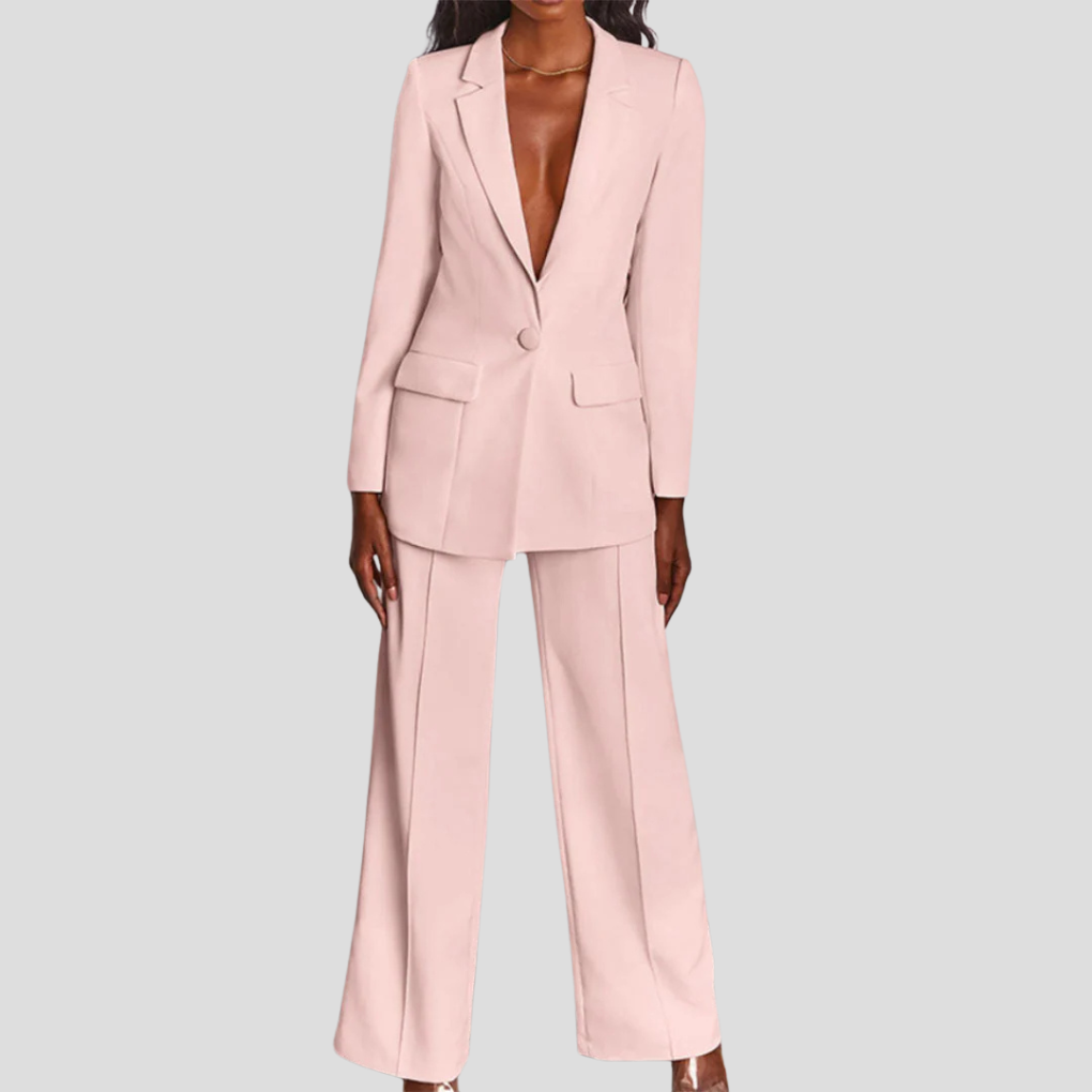 Front view of a women's tailored suit, showcasing the sharp lines of the blazer.