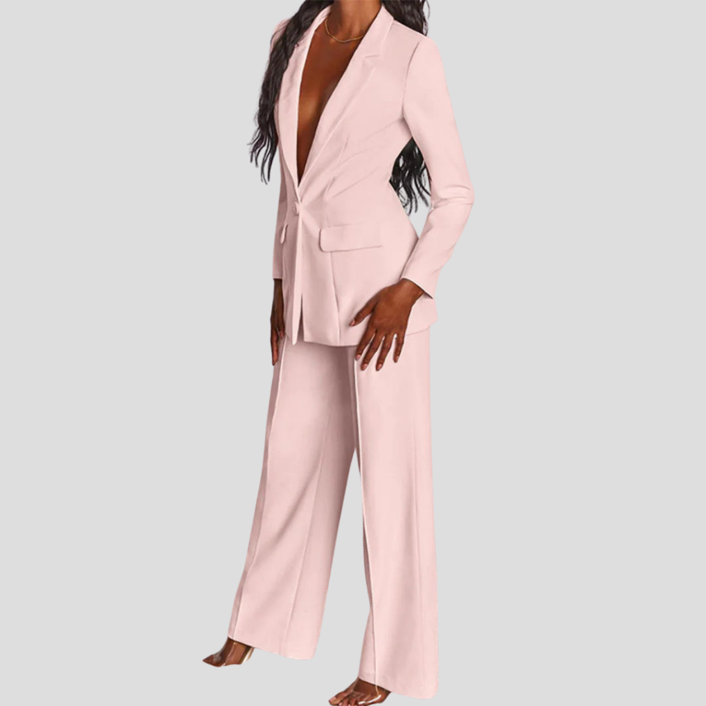 Back view of a women's trouser set, highlighting the flattering fit of the trousers.