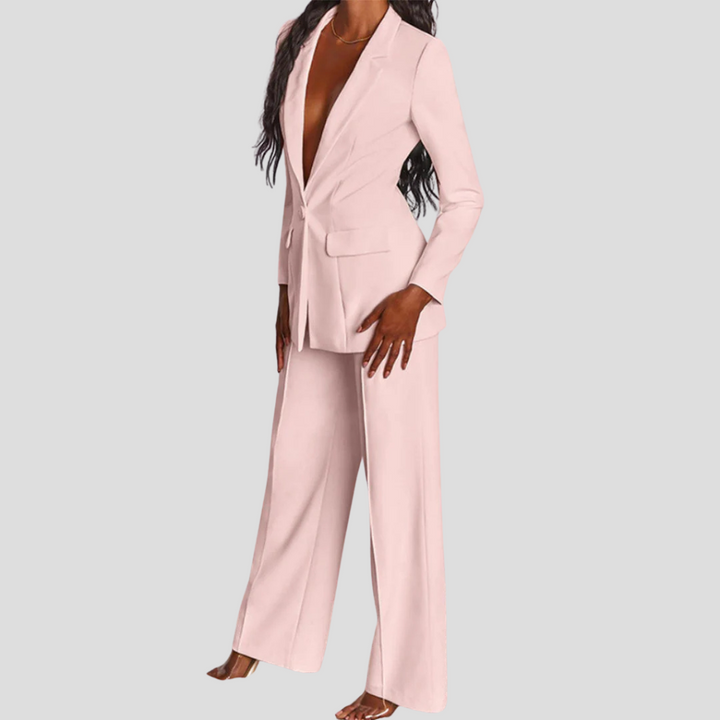 Back view of a women's trouser set, highlighting the flattering fit of the trousers.