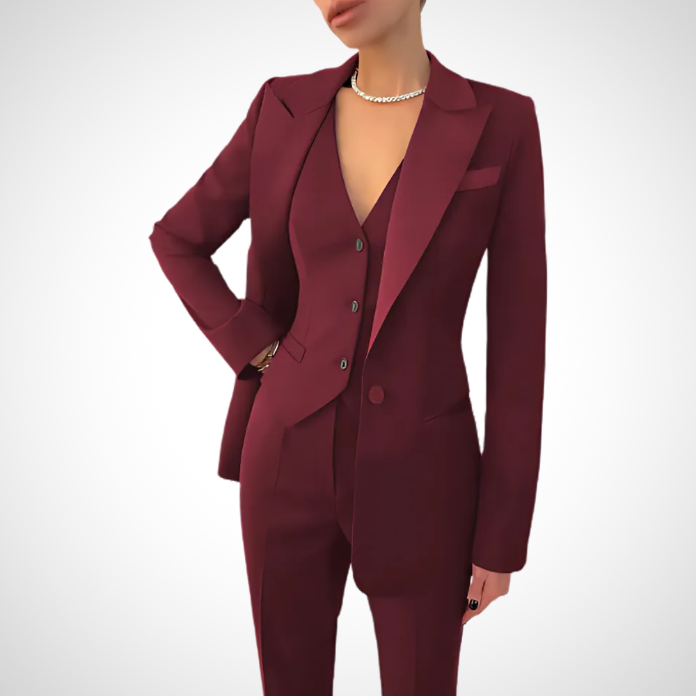 Sophisticated women's three-piece power suit with tailored fit, ideal for professional business attire & office wear.