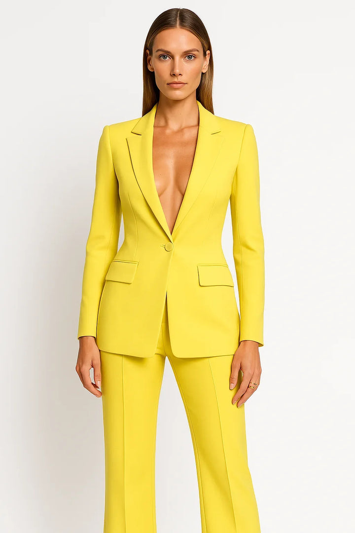 Professional women's two-piece blazer and wide-leg pant suit. Ideal smart casual office wear.