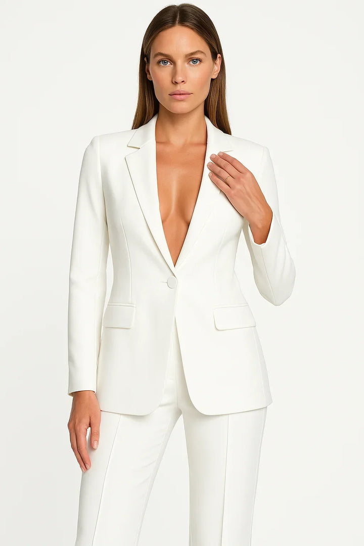 Elegant women's V-neck blazer and wide-leg trousers set, a versatile outfit for evening events or chic fashion.