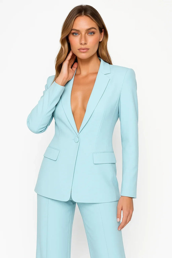 Stylish tailored women's V-neck blazer paired with comfortable wide-leg pants for a modern suit look.
