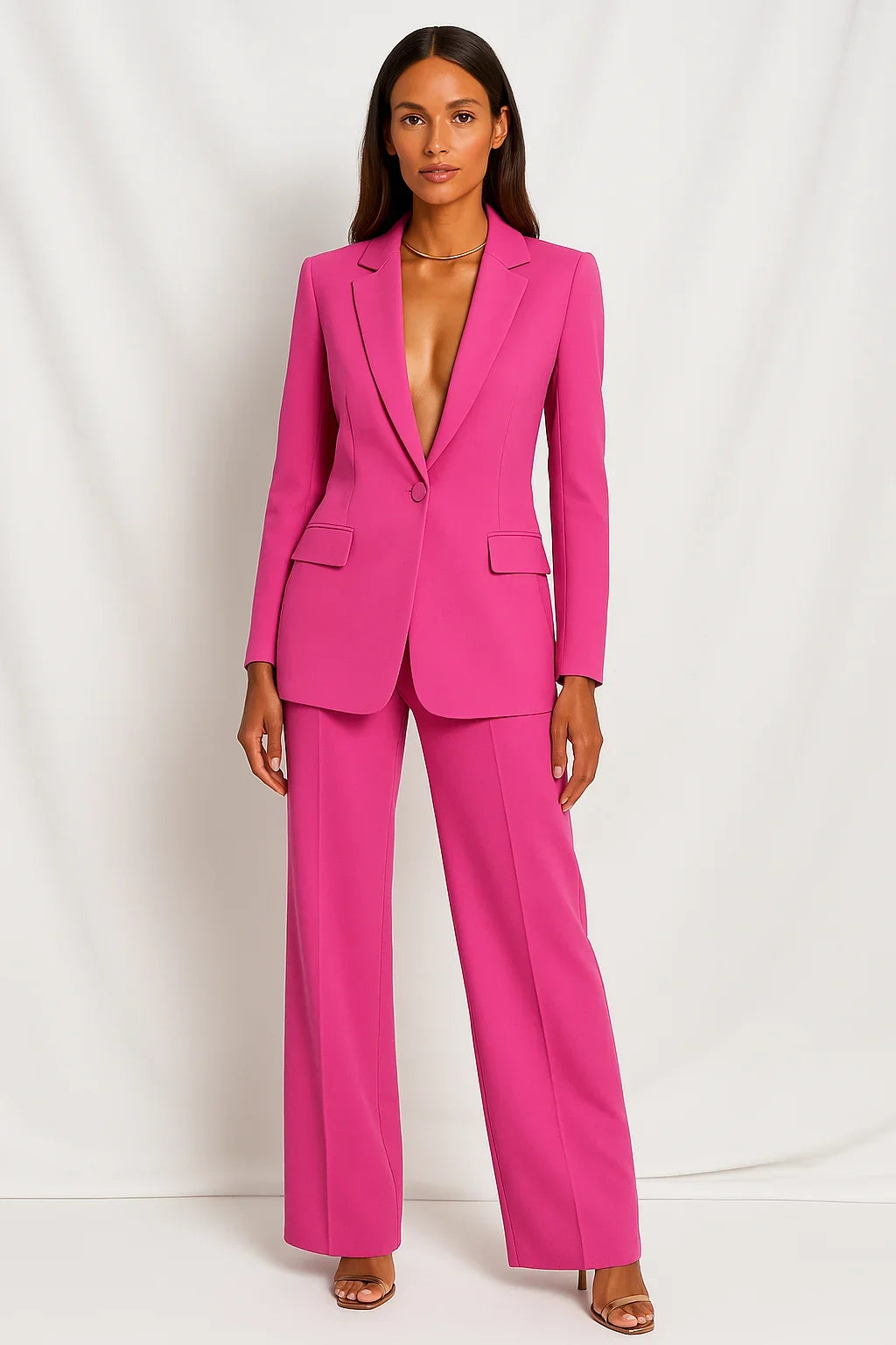 Complete women's two-piece ensemble: V-neck blazer and wide-leg trousers. Perfect for a polished, modern look.