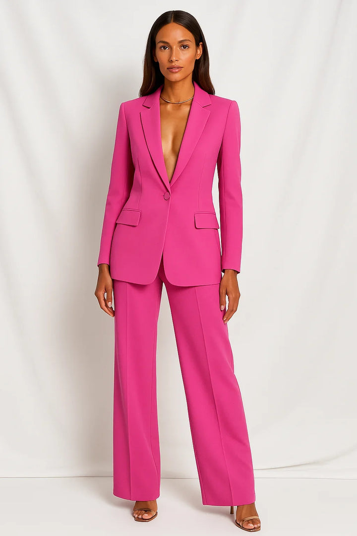 Complete women's two-piece ensemble: V-neck blazer and wide-leg trousers. Perfect for a polished, modern look.