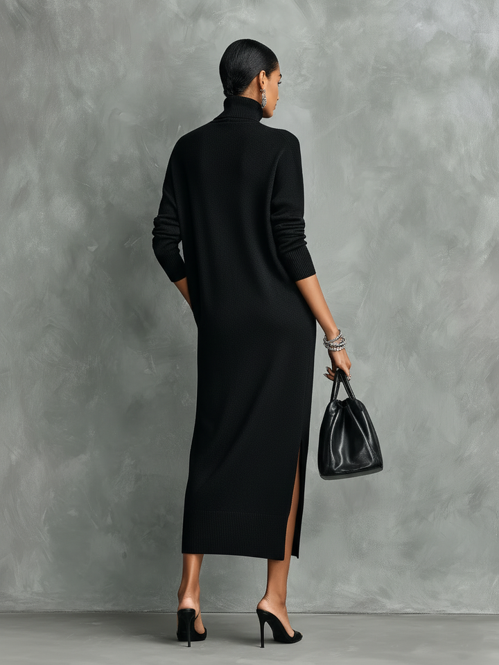 Elegant long sleeve midi dress featuring a cozy turtleneck, stylish side slit, & functional pockets for women.
