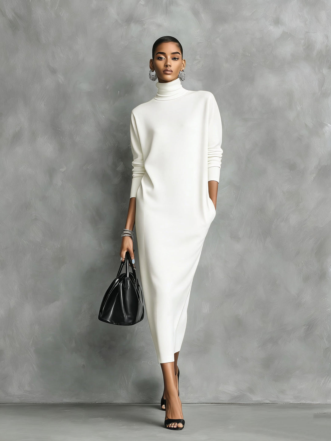 Comfortable women's long sleeve turtleneck midi dress with convenient pockets, designed for chic everyday style.