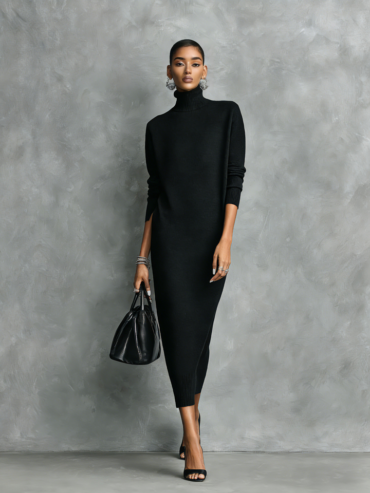 Fashionable women's turtleneck midi dress, long sleeve & pocketed, a chic choice for autumn & winter style.