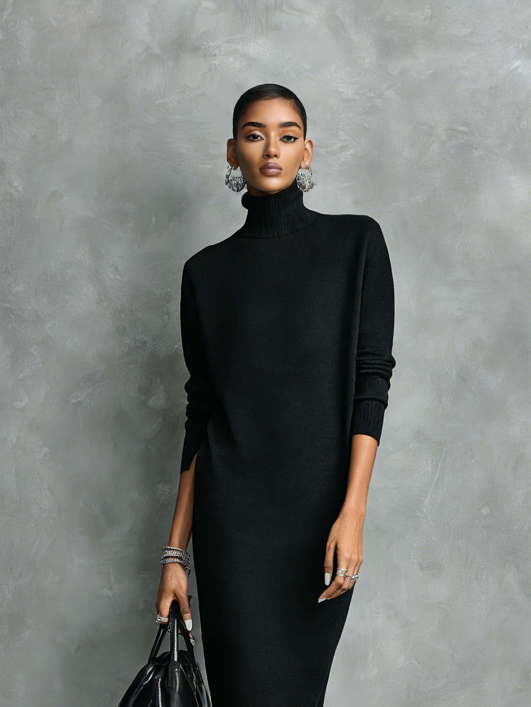 Women's chic long sleeve midi dress with a turtleneck neckline and practical side pockets, perfect for fall.