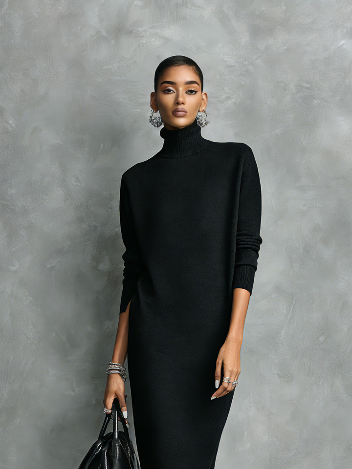 Women's chic long sleeve midi dress with a turtleneck neckline and practical side pockets, perfect for fall.