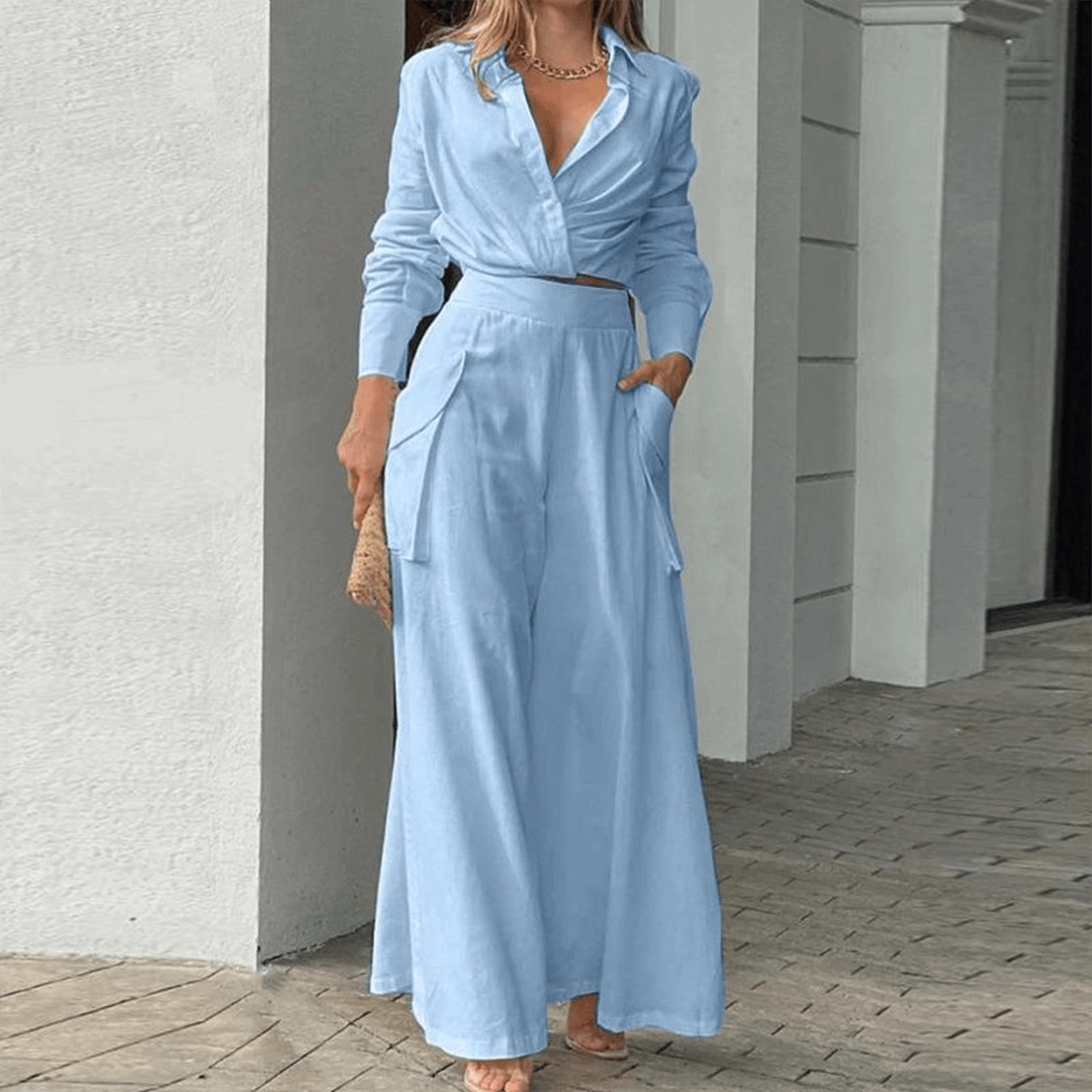 Chic Women's two-piece crop top & wide-leg trousers set. Versatile summer fashion, comfortable & elegant.
