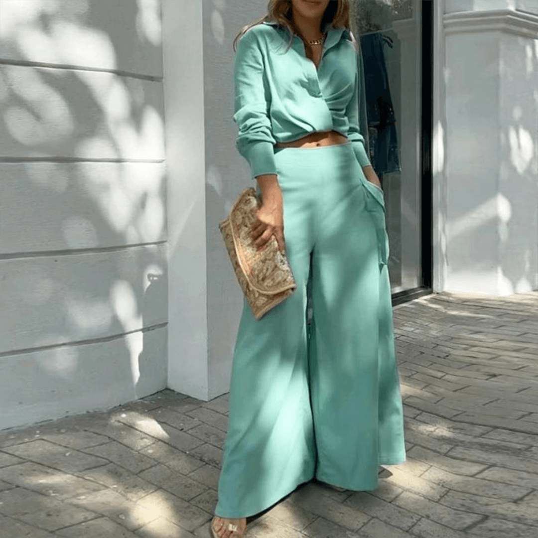 Elegant V-neck crop top & wide-leg cargo trousers set for women. Perfect casual to night outfit.