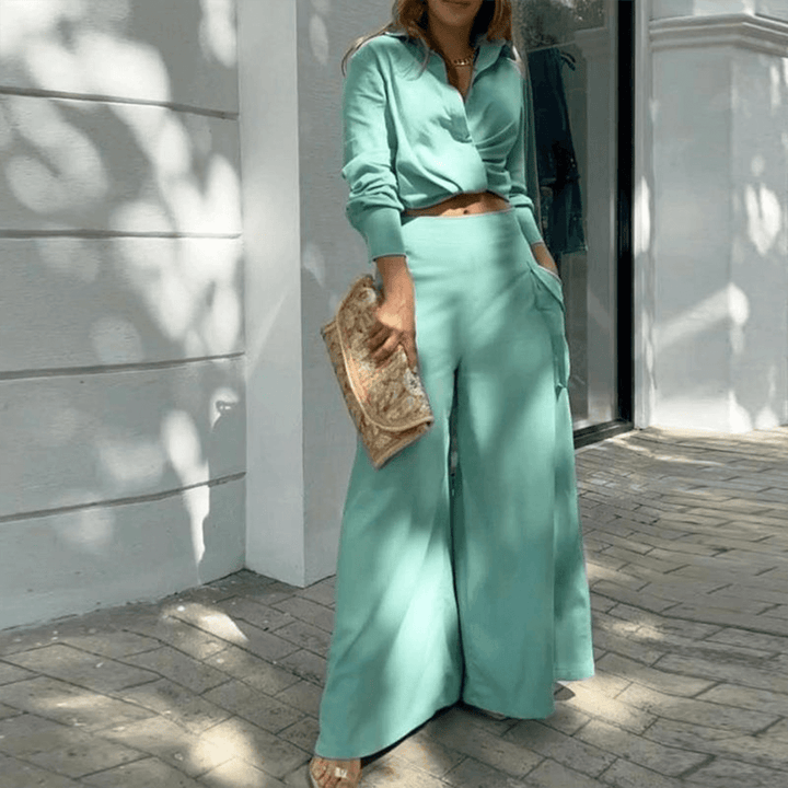 Elegant V-neck crop top & wide-leg cargo trousers set for women. Perfect casual to night outfit.