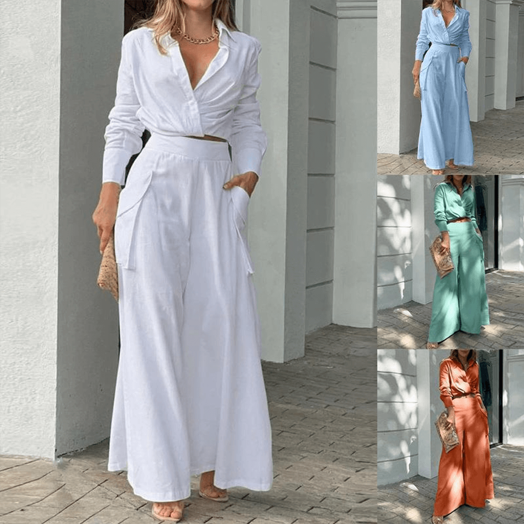 Women's elegant & comfortable crop top and wide-leg trousers set. Casual yet chic two-piece outfit.