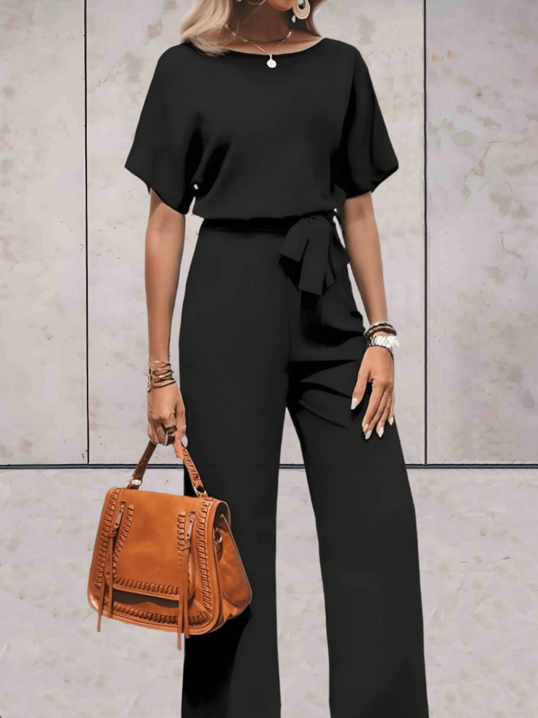 Women's comfortable lounge wear set, including a short sleeve top and relaxed wide leg pants.