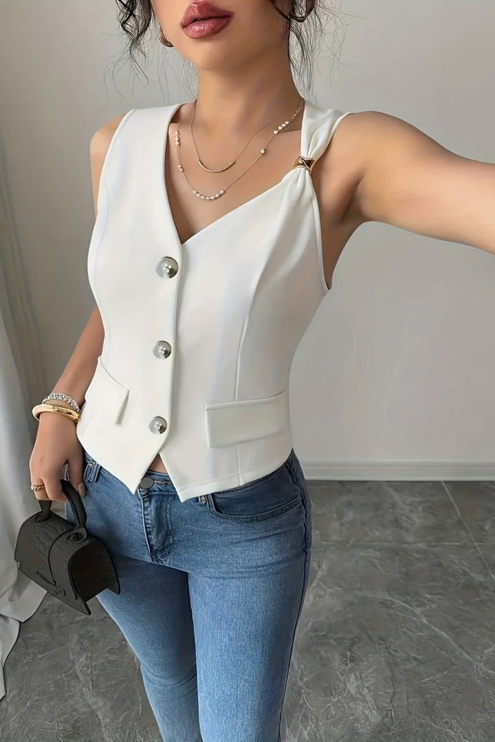 Elegant women's white V-neck waistcoat, fitted & tailored for summer. Versatile sleeveless top with chic metal buckle.
