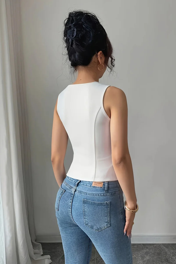 Fitted women's V-neck summer vest with tailored design & chic metal buckle. Perfect elegant fashion statement.