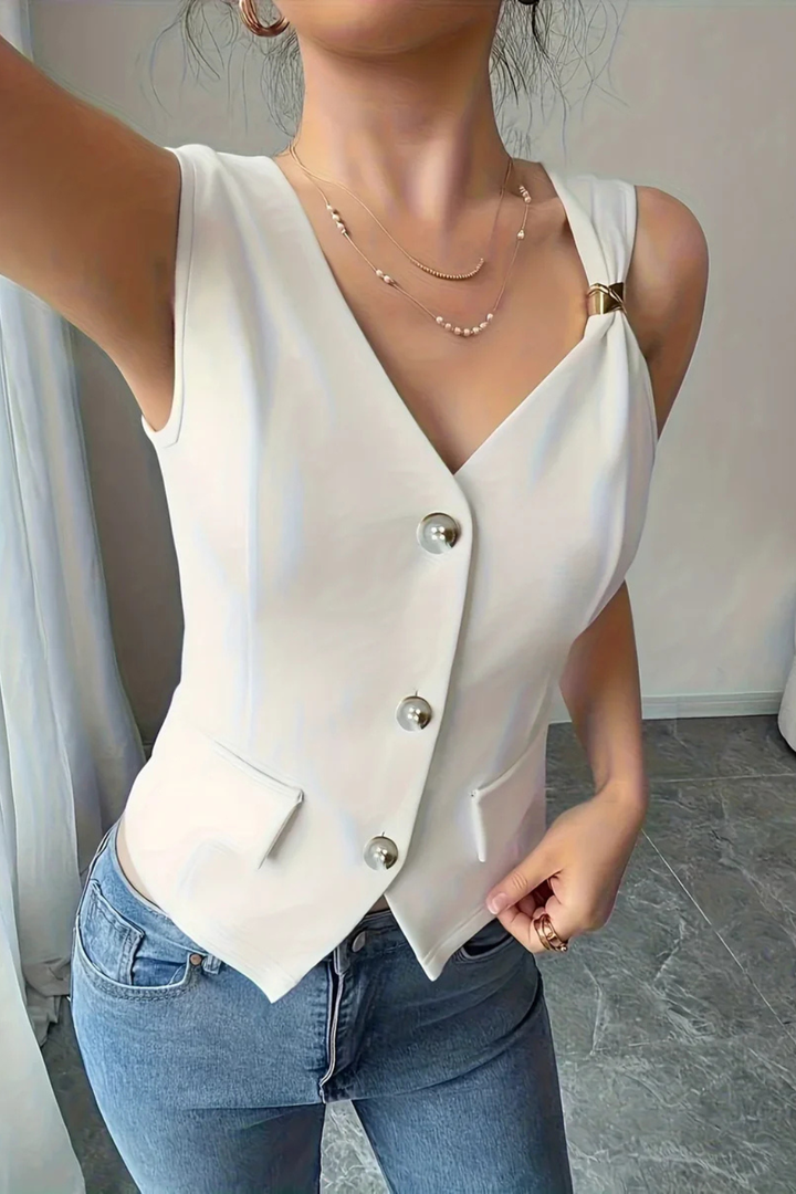 Tailored women's V-neck fitted summer waistcoat featuring an elegant metal buckle. Chic sleeveless design for fashion.