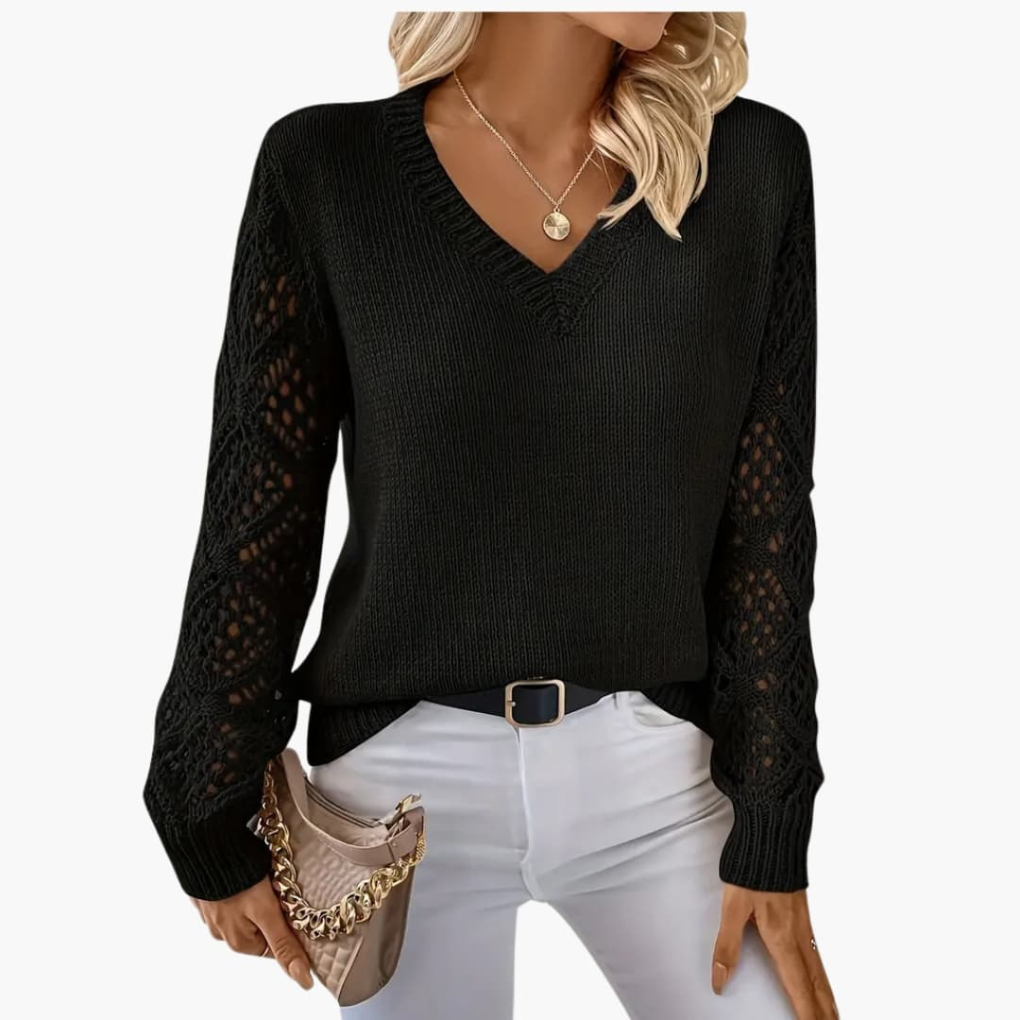 Chic women's V-neck jumper with stylish open sleeve detail. Comfortable long sleeve pullover, perfect for versatile fashion.
