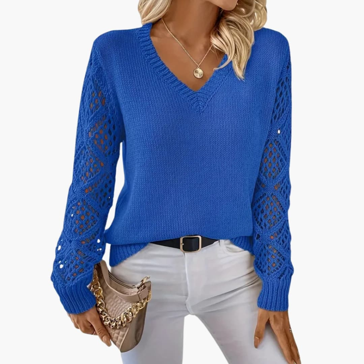 Versatile women's V-neck long sleeve jumper with modern open sleeve design. A comfortable and chic fashion pullover.