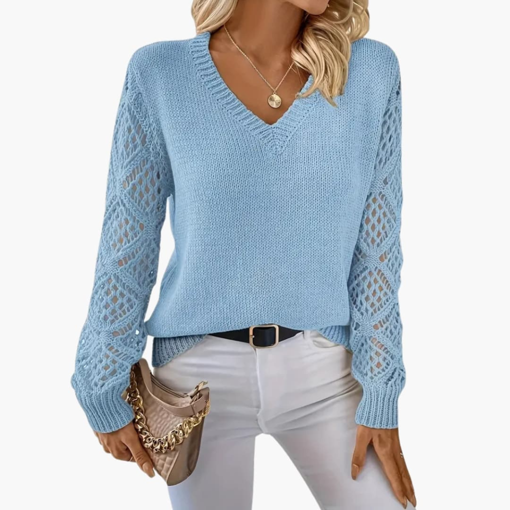 Women's fashionable V-neck jumper, a long sleeve pullover with striking open sleeve detail. Comfortable & elegant.