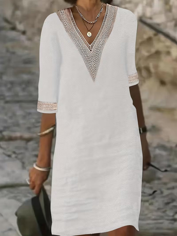 Elegant V-neck mid-sleeve women's dress, comfortable for casual and all occasions. Versatile style.