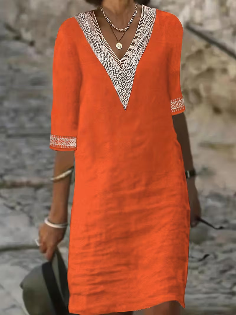 Versatile women's chic V-neck mid-sleeve dress. Ideal for elegant or casual everyday wear.