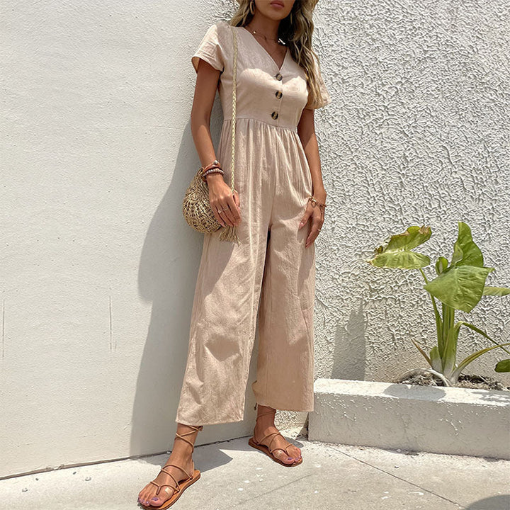 Elegant button-front wide-leg jumpsuit for women, perfect for relaxed summer comfort.