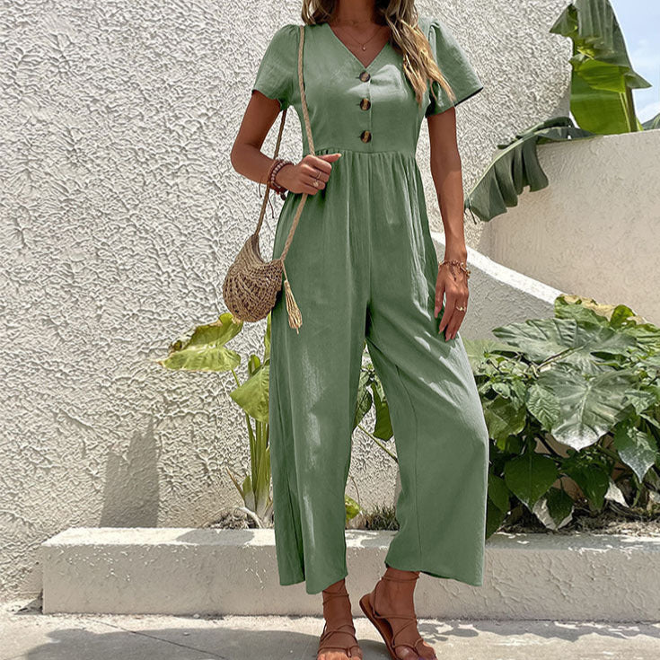 Stylish women's wide-leg jumpsuit with a relaxed fit, ideal for casual summer wear.