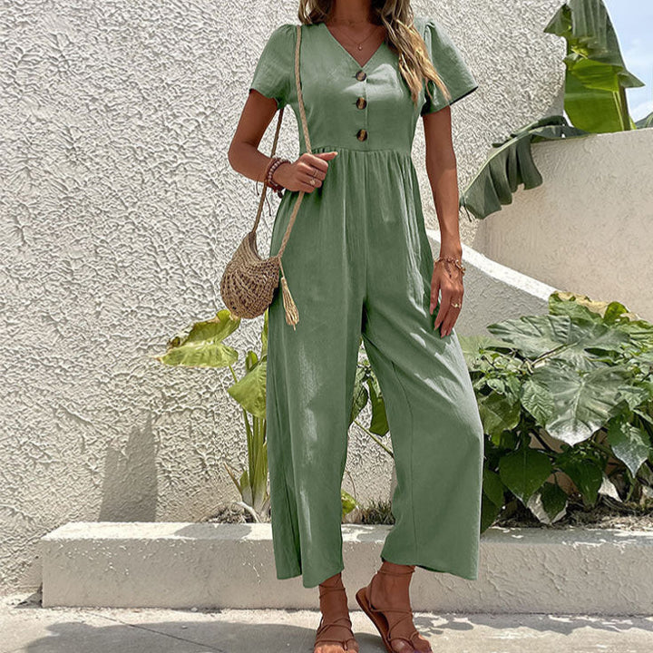 Stylish women's wide-leg jumpsuit with a relaxed fit, ideal for casual summer wear.