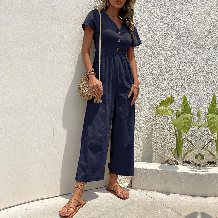 Comfortable women's wide-leg jumpsuit, a chic choice for easygoing summer outfits.