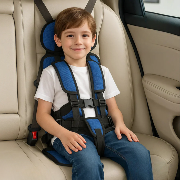 Child's foldable travel seat with adjustable straps for easy, portable car safety and comfortable journeys.
