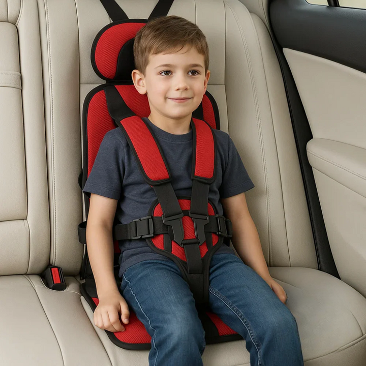 Portable child booster seat with adjustable straps, offering safe and comfortable travel for kids on the go.