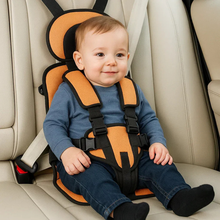 Portable child travel seat, a versatile car accessory with adjustable straps for safety and comfort anywhere.
