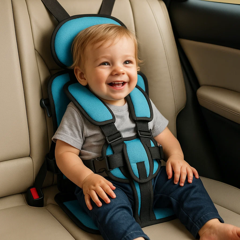 Easy-clean, compact child travel seat with adjustable safety straps, perfect for stress-free family car trips.